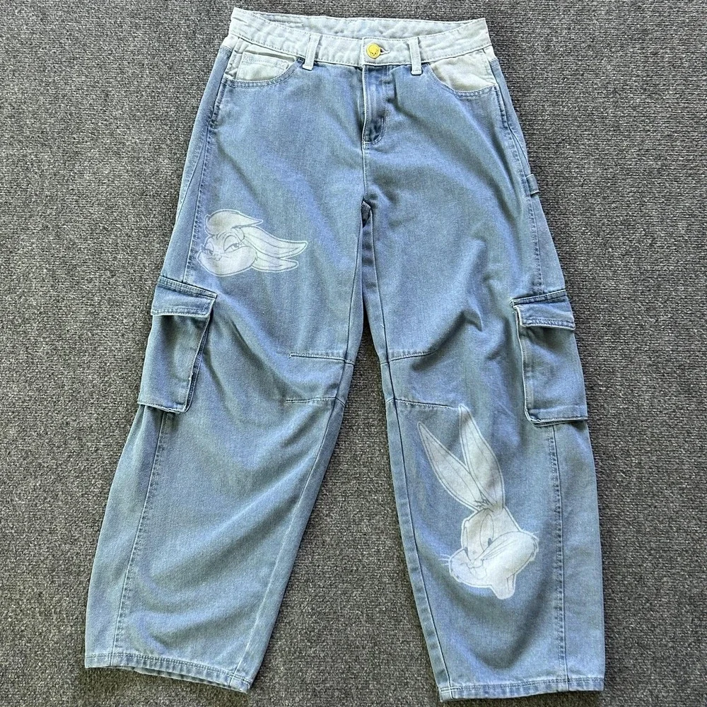 Justice Jeans Girls 16 Blue Barrel Wide Leg Looney Tunes Bugs Bunny Cargo Denim